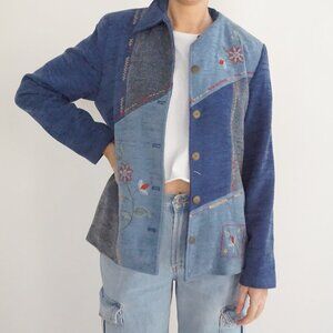 Vintage Alfred Dunner Blue Patchwork Floral Embroidered Cottage Button Jacket S